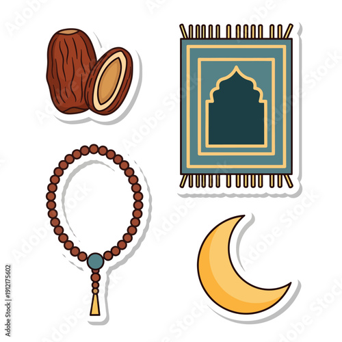 Collection of Islamic symbols for Ramadan and Eid: prayer mat, dates, prayer beads, crescent moon, cultural religious icons
