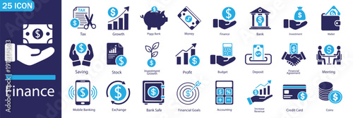 Finance Icons Set. Banking, Investment, Money, Accounting, Wallet and Financial Business. Vector Collection