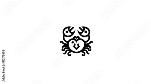 Cute Stylized Crab Icon with Heart Shape. Minimalist Black and White Line Art Illustration of a Marine Animal Symbol.