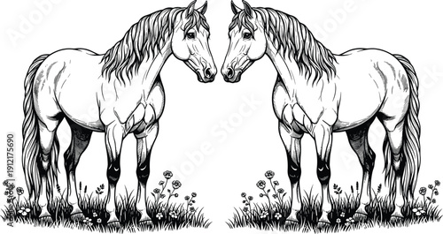 Symmetrical black and white line art illustration of two horses standing facing each other in the grass on white background.