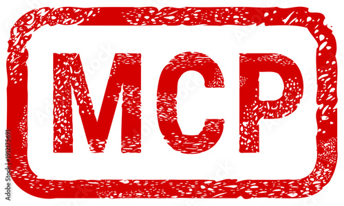 Red grunge MCP stamp representing the Model Context Protocol standard for AI interoperability, data integration, and professional developer tools (cut out)