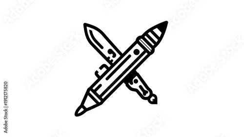 Simple vector icon of crossed pen and knife, representing writing, design, precision, and craftsmanship.