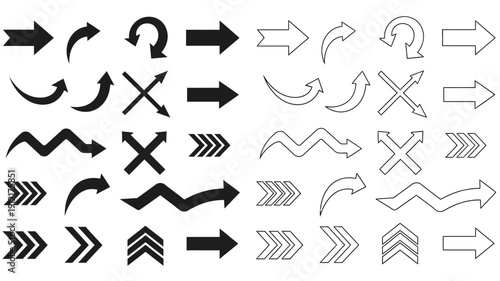 Collection of various arrow shapes and directional indicators silhouette