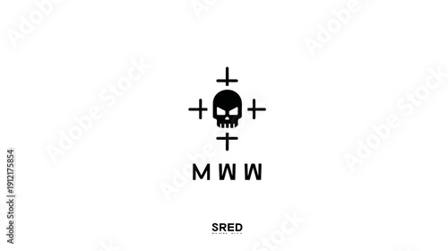 Aggressive Black Skull Symbol with Crosshair-like Plus Signs on White Background, Minimalist Graphic Design Element
