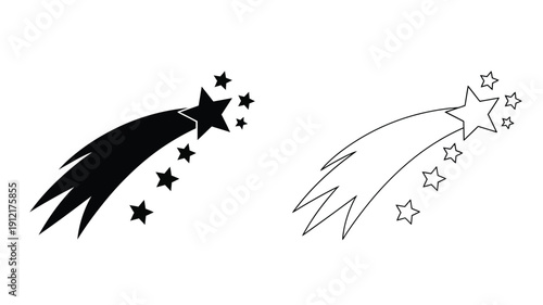 Two shooting stars with trails and sparkles a contrasting design silhouette