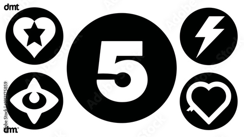 Modern graphic design elements: black and white icons set with number five, heart, star, lightning bolt, and abstract eye symbols.
