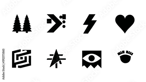 Abstract Minimalist Black Vector Icon Set Featuring Nature, Love, Energy, Geometric Shapes, and Eyes for Web and Print Design