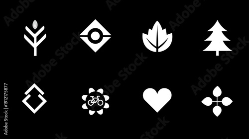 Diverse set of white vector icons on black background, featuring nature elements, abstract shapes, bicycle, heart, and geometric symbols.