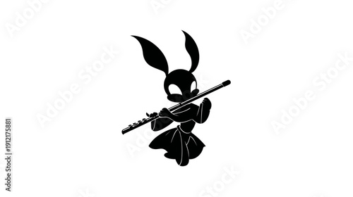 Stylized black silhouette rabbit playing flute. Cute minimalist bunny character illustration for music, nature, or childhood themes.