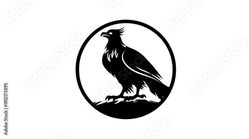 Black eagle or hawk silhouette vector graphic in a circular frame. Majestic bird of prey emblem design, strength concept.