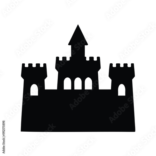 Black and white castle silhouette with multiple towers and fortified battlements