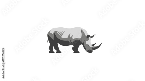 Stylized grey rhinoceros illustration. Majestic endangered wild animal with horn. Wildlife vector on white background.
