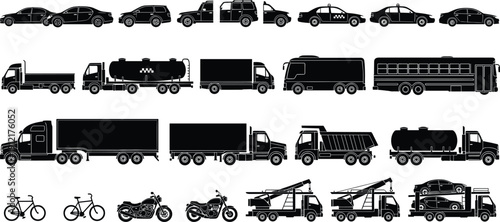 Vehicle silhouette collection with cars, trucks, buses, motorcycles, bicycles, and service transport icons, black vector transportation set isolated on white