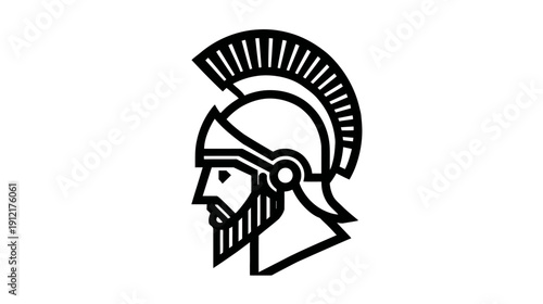 Ancient Warrior Head Profile Icon. Stylized Line Art of a Male Soldier in a Classical Crested Helmet and Beard.
