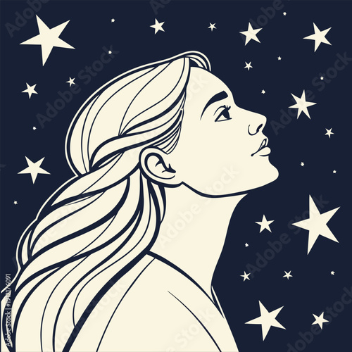 A serene woman gazing at the starry night sky with wonder