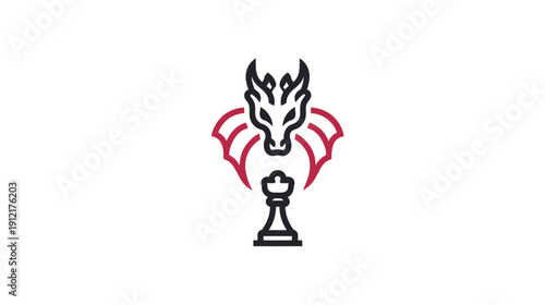 Mythical Dragon Head and Chess Queen Icon. Strategic Fantasy Symbol for Power, Wisdom, and Game Concepts. Minimalist Line Art.