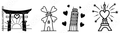 Travel landmarks icons including eiffel tower leaning tower of pisa and windmill with hearts