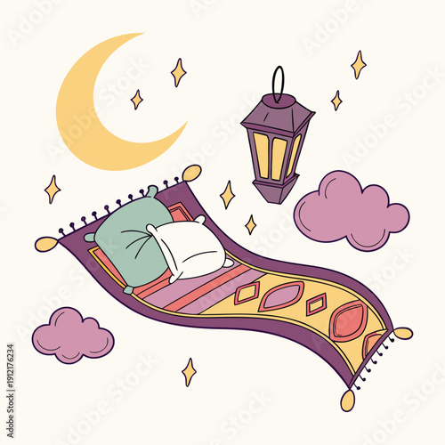 A whimsical illustration of a magical carpet under a crescent moon