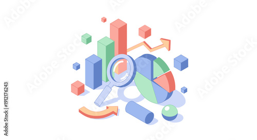 Colorful 3D graph and chart icons.
