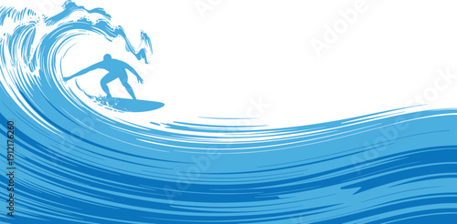 Dynamic blue vector illustration of a male surfer silhouette riding a massive curling ocean barrel wave