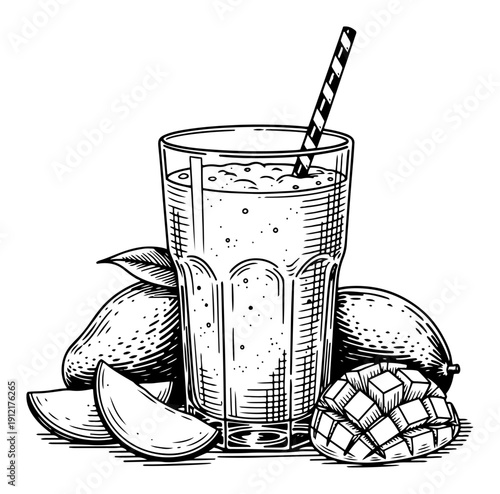 Fresh mango smoothie in a glass with a striped straw and fruit pieces in vintage woodcut style