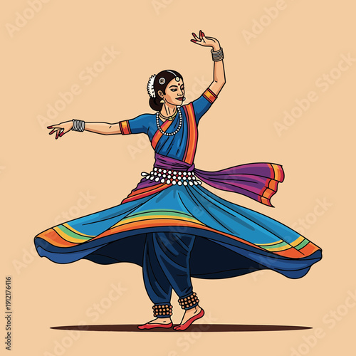 Traditional Indian Classical Dancer in Vibrant Dress Performing Cultural Pose – Ethnic Art Vector

