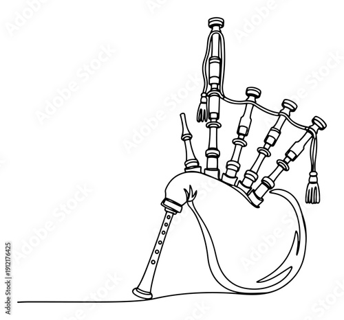 Single line drawing of traditional Scottish bagpipes musical instrument in minimalist style