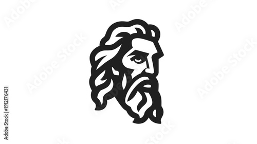 Stylized profile illustration of a bearded man with flowing hair, vintage graphic design element representing wisdom, strength, or classical mythology.