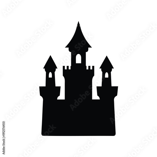 Silhouette of a classic fairytale castle with towers and central turret