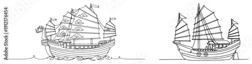 Continuous line art illustration of traditional Asian junk boats in minimalist style