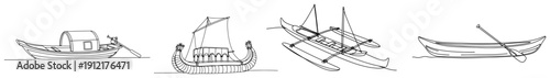 Minimalist single line drawing set of various traditional small boats and canoes