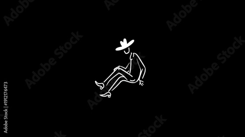 Minimalist white line art illustration of a man wearing a hat, sitting and resting on a black background, quiet contemplation.
