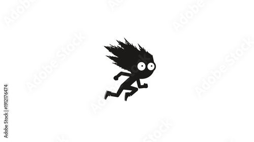 Energetic black cartoon character silhouette with spiky hair and wide eyes, running dynamically on a white background