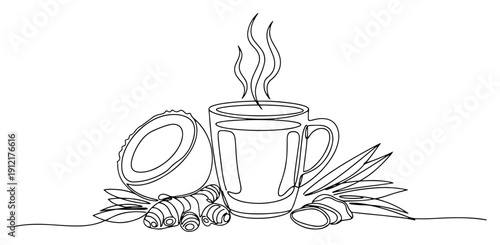 Single line drawing of a cup of hot healthy beverage with coconut and ginger ingredients