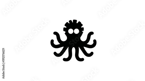 Stylized Black Octopus Silhouette Icon with Prominent Eyes. Marine Sea Animal Illustration on White Background.