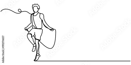 rope skipping man continuous one line drawing, Continuous line art drawing of young man jumping with skipping rope, minimalist fitness exercise illustration. 