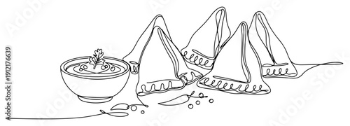 Minimalist continuous line drawing of traditional Indian samosas with a bowl of spicy dipping sauce
