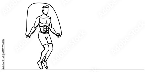 rope skipping man continuous one line drawing, Continuous line art drawing of young man jumping with skipping rope, minimalist fitness exercise illustration. 