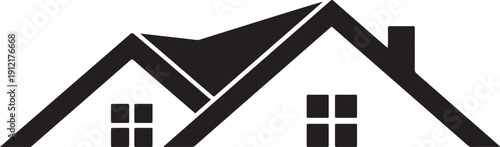 Simple black and white house with roof and chimney illustration