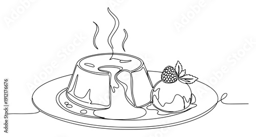 Minimalist continuous line illustration of chocolate lava cake with ice cream and berry