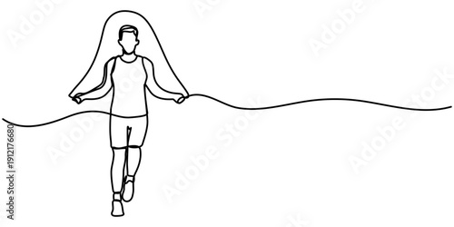 rope skipping man continuous one line drawing, Continuous line art drawing of young man jumping with skipping rope, minimalist fitness exercise illustration. 