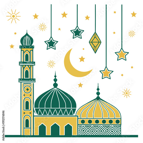 A serene illustration of a mosque under a starry night sky