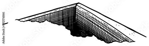 Architectural perspective drawing of a deep pit or excavation site with heavy shadows