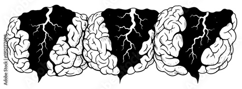 Conceptual human brain anatomy with internal roots or lightning strikes sketch