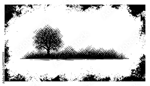 Minimalist landscape with solitary tree and crosshatch texture in grunge border