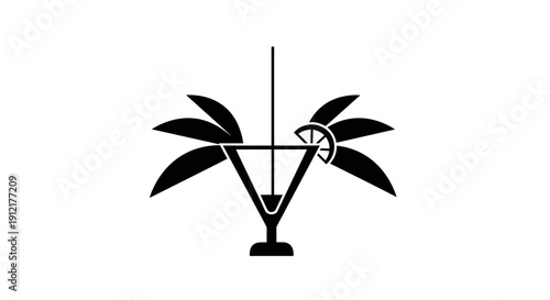 Tropical Cocktail Martini Glass Palm Leaves Citrus Slice.