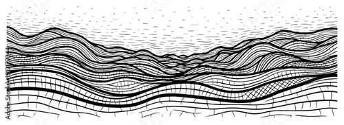 Abstract landscape with stylized wavy lines and organic textures in vintage woodcut style