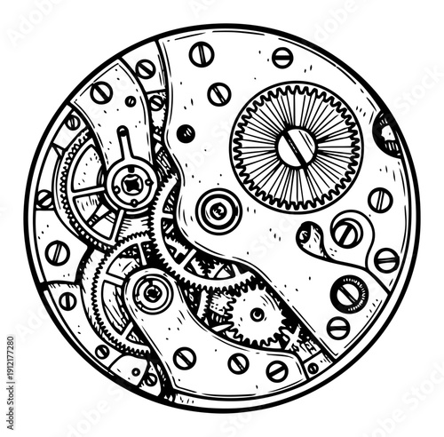 Detailed vintage watch mechanism with gears and clockwork components in engraving style