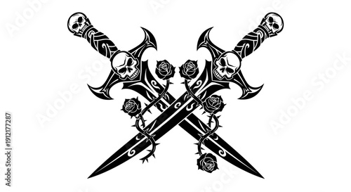 Two Crossed Daggers with Skulls and Roses.