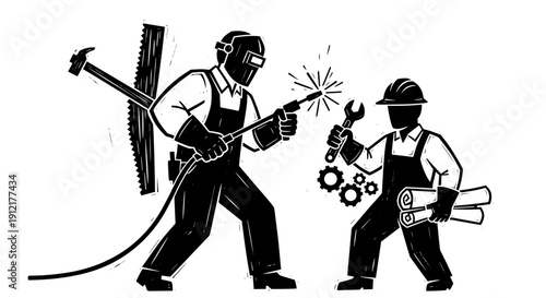 Two construction workers collaborating on a project with tools.